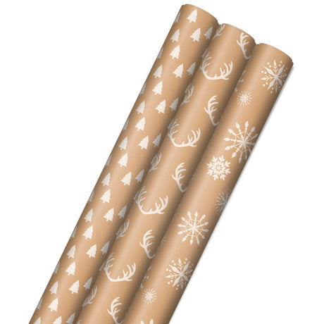 Recyclable Kraft Wrapping Paper with Cut Lines (3 Rolls: 90 Sq. Ft. Ttl.) Minimalist Christmas, White Trees, Deer Antlers, Snowflakes on Brown Kraft for Holidays, Weddings, Winter Solstice