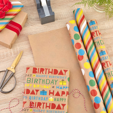 Hallmark All Occasion Kraft Wrapping Paper Bundle: Birthday, Stripes, Dots with Kraft on Reverse (3-Pack: 105 sq. ft. ttl.) for Valentines Day, Kids Parties, Crafts, DIY Decorations and More