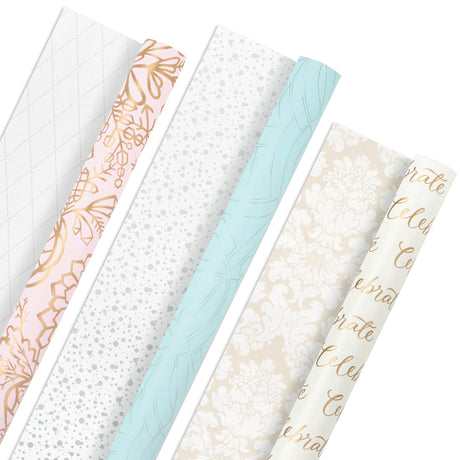 Hallmark All Occasion Reversible Wrapping Paper Bundle - Pastel & Metallic Celebrate (3-Pack: 75 sq. ft. ttl.) for Weddings, Birthdays, Baby Showers, Bridal Showers, Valentine's Day and More