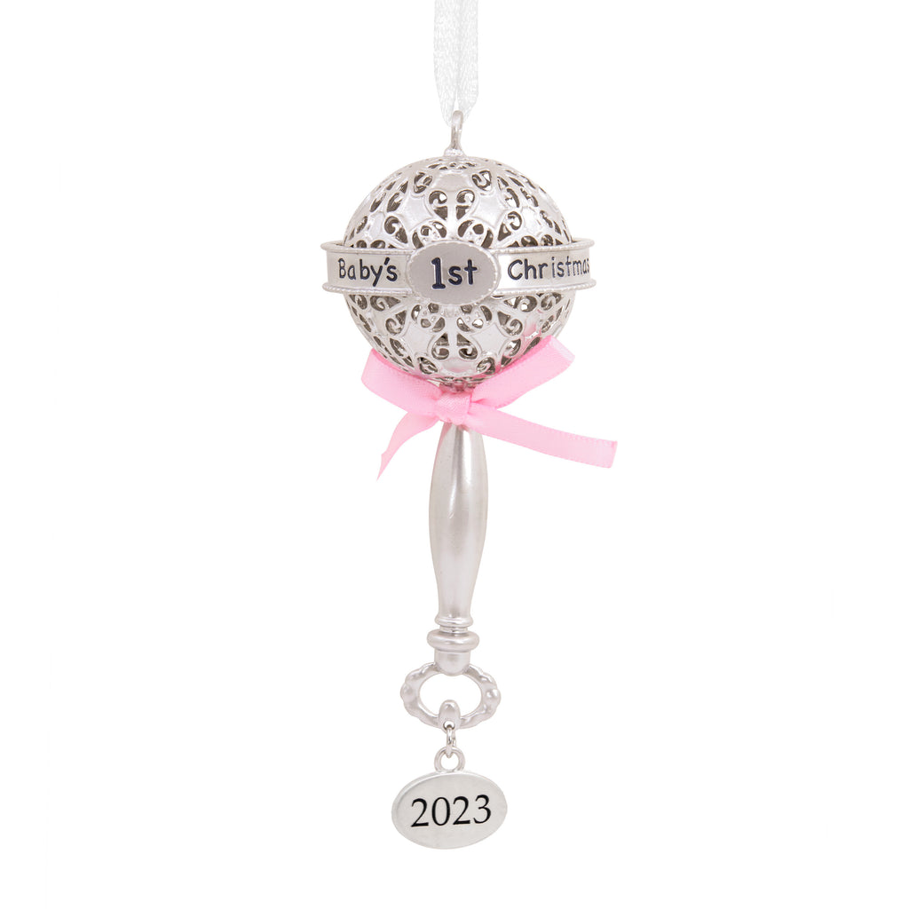 Hallmark Baby's First Christmas Silver Baby Rattle With Pink Ribbon 2023 Christmas Ornament, Premium Metal