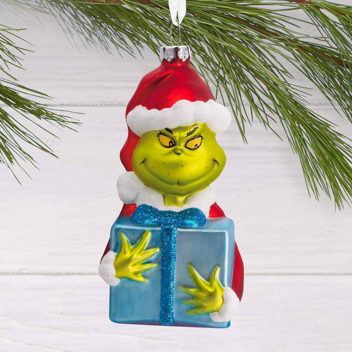 Dr. Seuss's How the Grinch Stole Christmas! Grinch With Present Christmas Ornament, Blown Glass