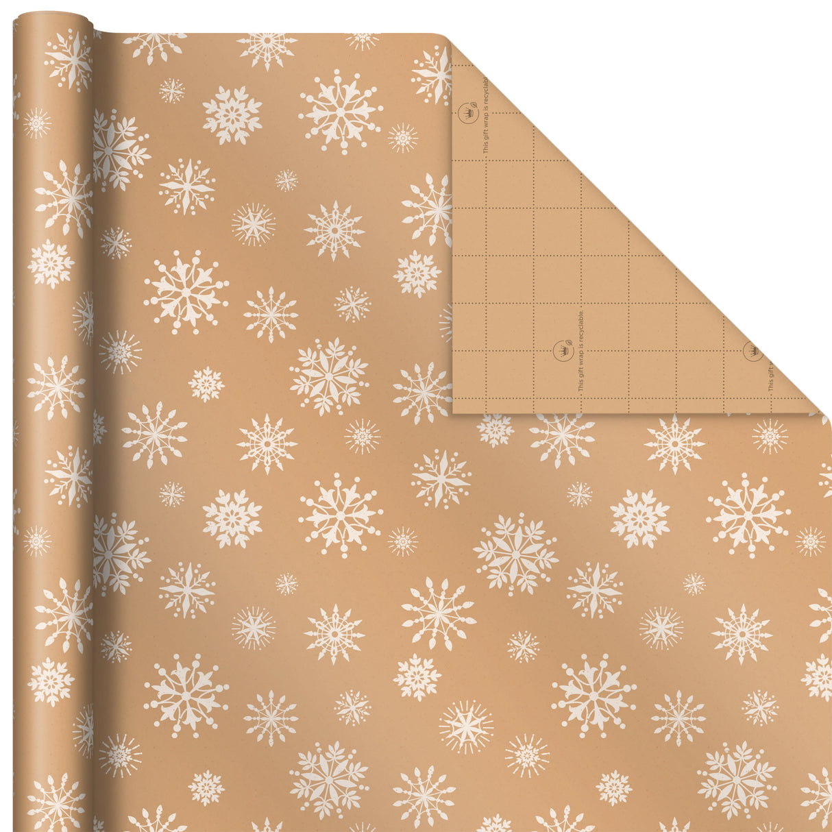 Recyclable Kraft Wrapping Paper with Cut Lines (3 Rolls: 90 Sq. Ft. Ttl.) Minimalist Christmas, White Trees, Deer Antlers, Snowflakes on Brown Kraft for Holidays, Weddings, Winter Solstice