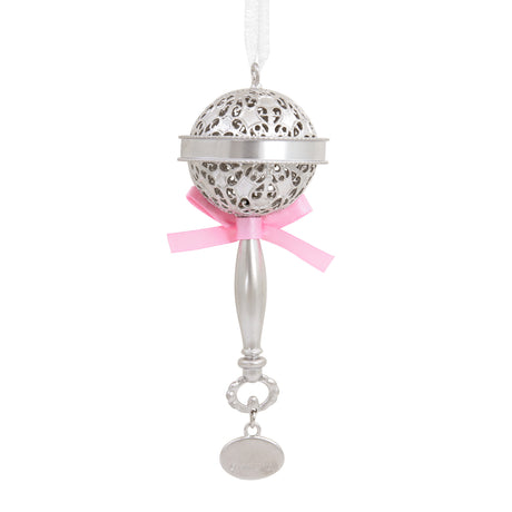 Baby's First Christmas Silver Baby Rattle With Pink Ribbon 2024 Christmas Ornament, Metal