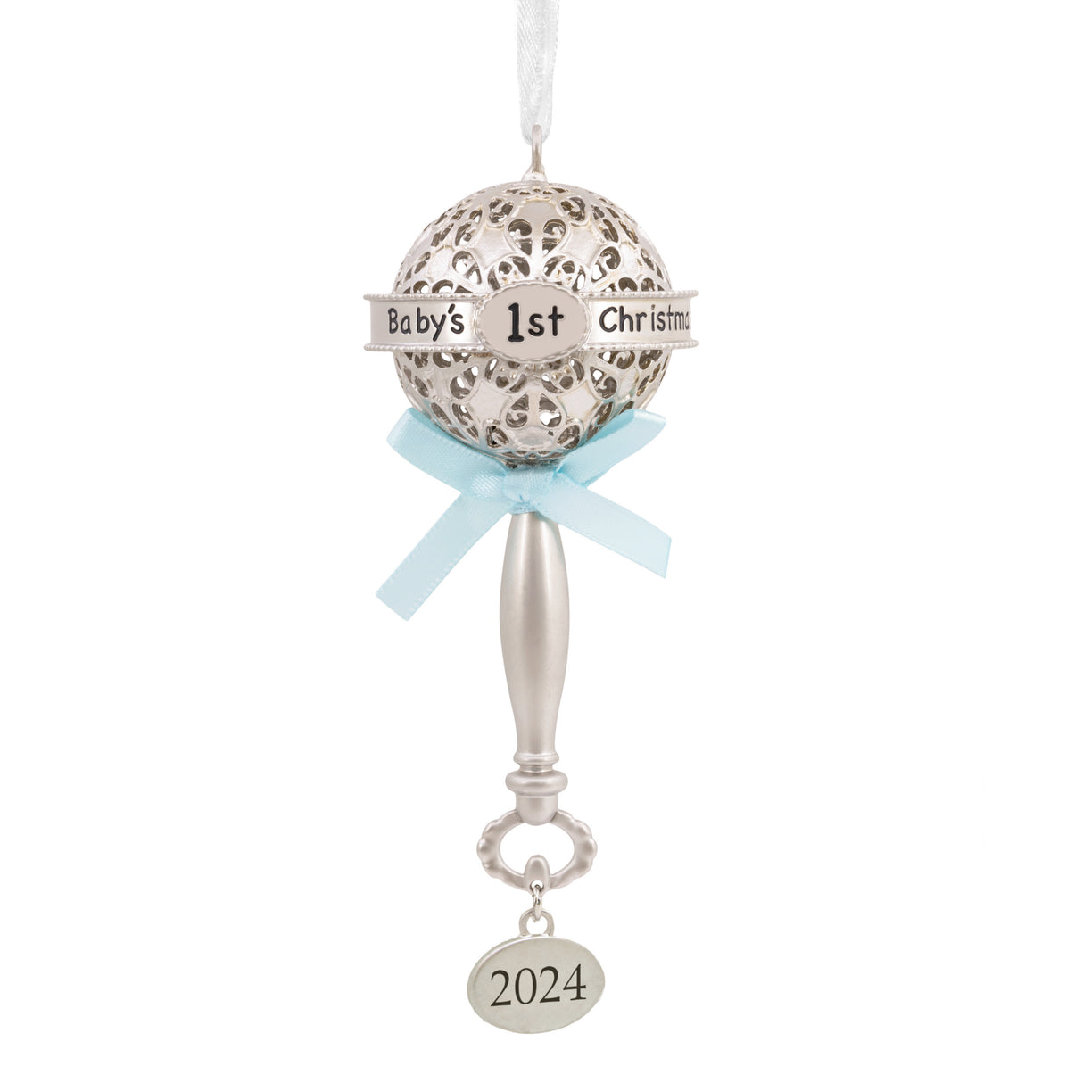 Baby's First Christmas Silver Baby Rattle With Blue Ribbon 2024 Christmas Ornament, Metal