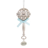 Baby's First Christmas Silver Baby Rattle With Blue Ribbon 2024 Christmas Ornament, Metal