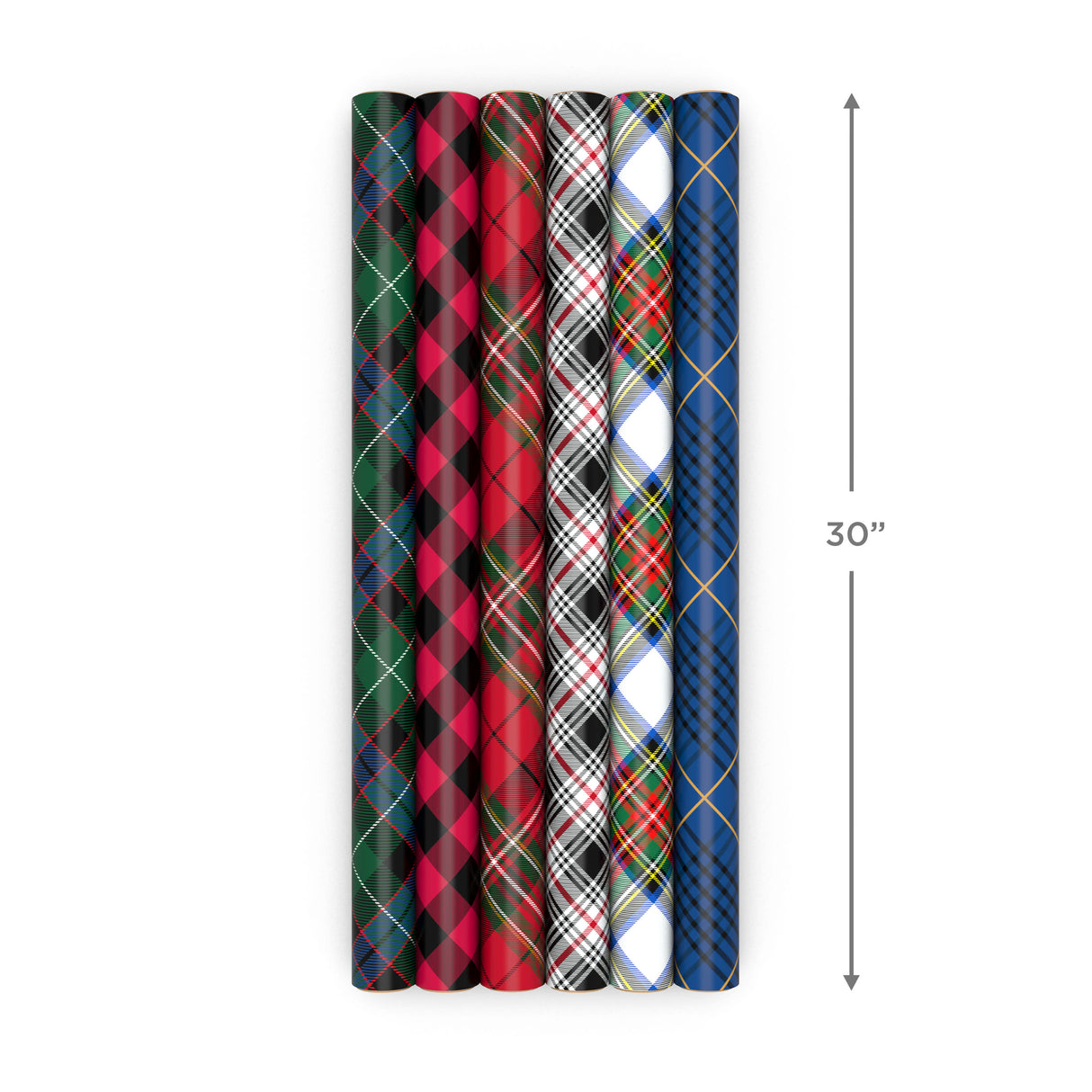 Plaid Wrapping Paper with Cutlines on Reverse (6 Rolls: Black and Red Buffalo Plaid, Royal Stewart Tartan, Blue, Green) for Christmas, Hanukkah, Father's Day, Graduation, Birthday