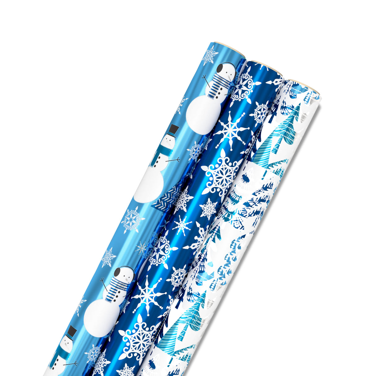 Blue Foil Christmas Wrapping Paper with Cut Lines on Reverse (3 Rolls: 60 sq. ft. ttl) Snowmen, Snowflakes, Christmas Trees