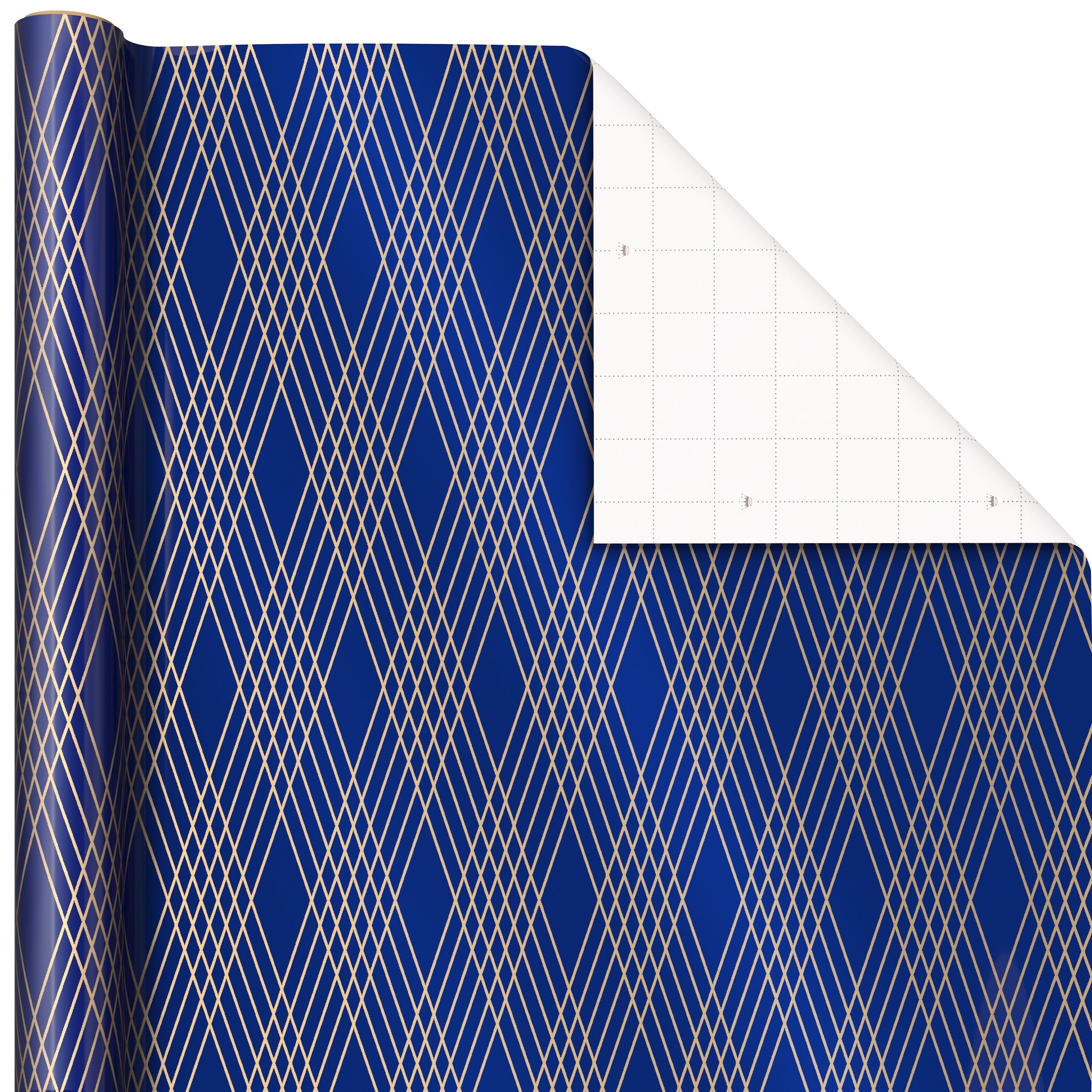 Hallmark All Occasion Wrapping Paper Bundle with Cut Lines on Reverse - Dark Blue and Gold (3-Pack: 105 sq. ft. ttl.) for Birthdays, Weddings, Valentine's Day, Graduations, Father's Day