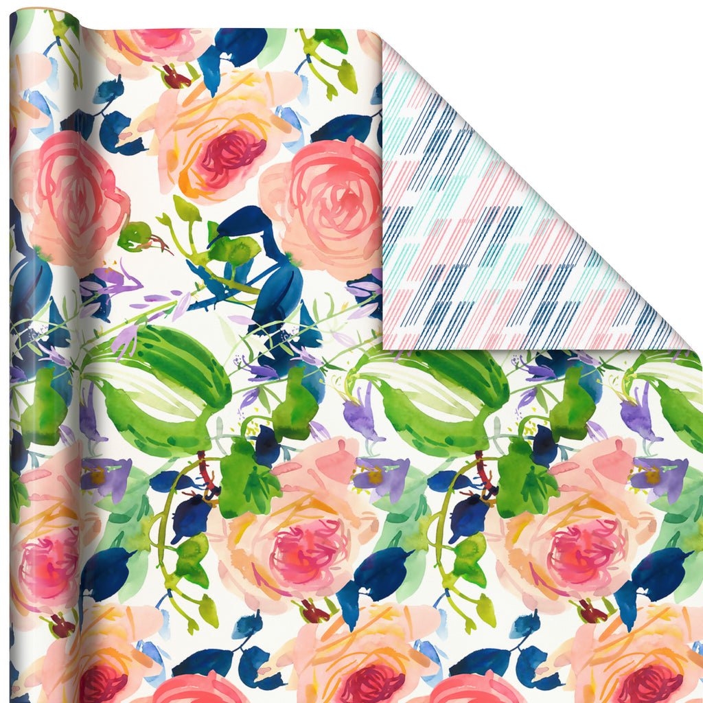 Hallmark All Occasion Reversible Wrapping Paper Bundle - Watercolor Flowers, Stripes, Balloons (3-Pack: 75 sq. ft. ttl.) for Birthdays, Weddings, Baby Showers, Bridal Showers, Valentine's Day and More