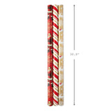 Christmas Reversible Wrapping Paper, Classic Santa (Pack of 3, 120 sq. ft. ttl) Red and Gold Snowflakes, Stripes, Plaid, Santa's Sleigh