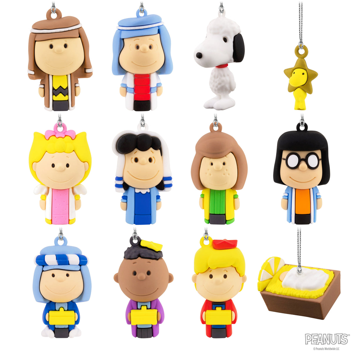 Peanuts Nativity Countdown Calendar Miniature Christmas Tree Set With 12 Mini Ornaments, Charlie Brown, Linus, Snoopy, Woodstock, Sally, Lucy, Peppermint Patty, Marcie, Franklin, Schroeder