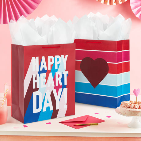 15" Extra Large Valentine's Day Gift Bags (2 Bags: "Happy Heart Day," Jewel-Tone Stripes) for Kids, Galentines Day, Spouse