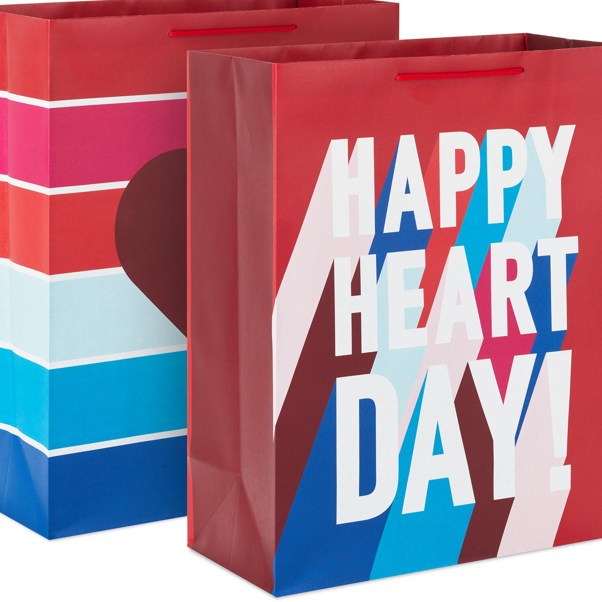 15" Extra Large Valentine's Day Gift Bags (2 Bags: "Happy Heart Day," Jewel-Tone Stripes) for Kids, Galentines Day, Spouse