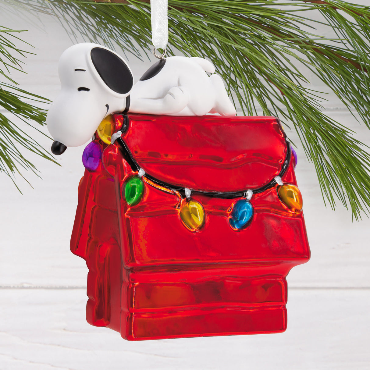 Peanuts Snoopy on Holiday Doghouse Christmas Ornament, Blown Glass