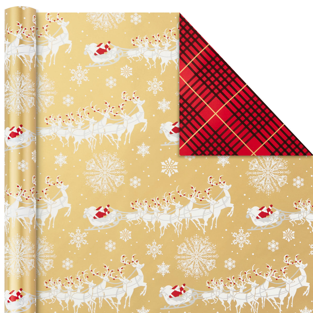 Christmas Reversible Wrapping Paper, Classic Santa (Pack of 3, 120 sq. ft. ttl) Red and Gold Snowflakes, Stripes, Plaid, Santa's Sleigh