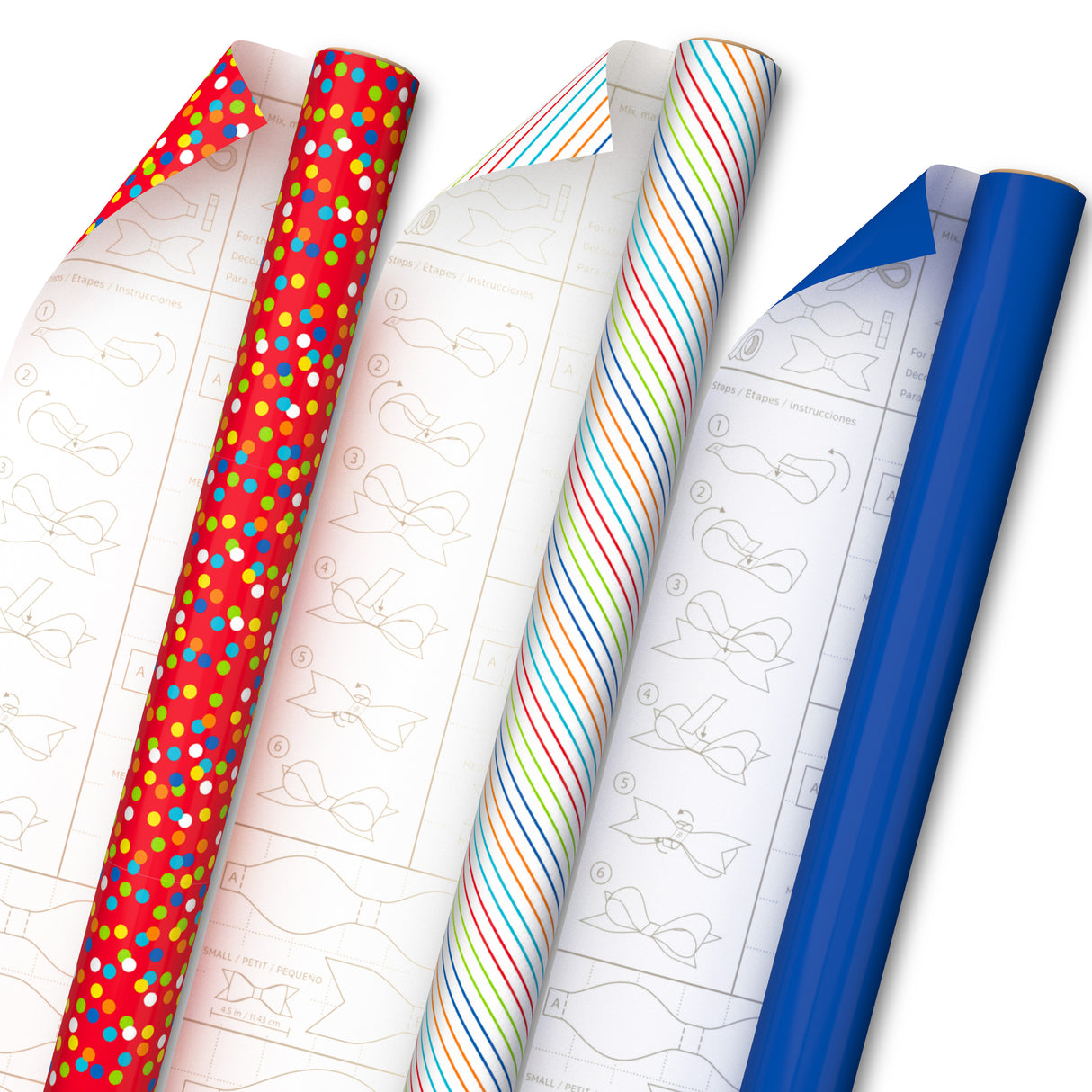 Hallmark Birthday Wrapping Paper with Templates for Handmade Bows on Reverse (3-Pack: 75 sq. ft. ttl) Royal Blue, Rainbow Stripes, Colorful Confetti