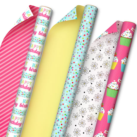 Hallmark All Occasion Reversible Wrapping Paper Bundle - Happy Birthday (3 Rolls - 75 sq. ft. ttl) Cupcakes, Stripes, Flowers, Polka Dots