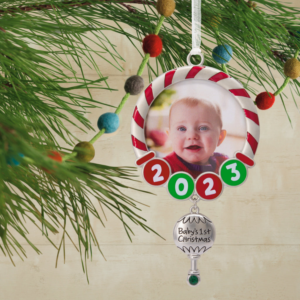 Hallmark Baby's First Christmas Red and Green 2023 Photo Frame Christmas Ornament, Premium Metal