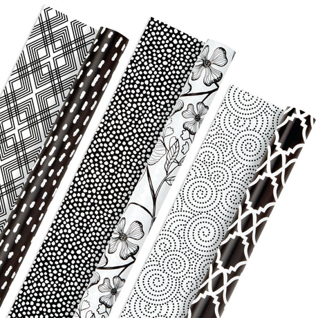 Hallmark All Occasion Reversible Wrapping Paper Bundle - Black and White Flowers and Dots (3-Pack: 75 sq. ft. ttl.) for Birthdays, Weddings, Graduations, Valentine's Day, Anniversaries and More