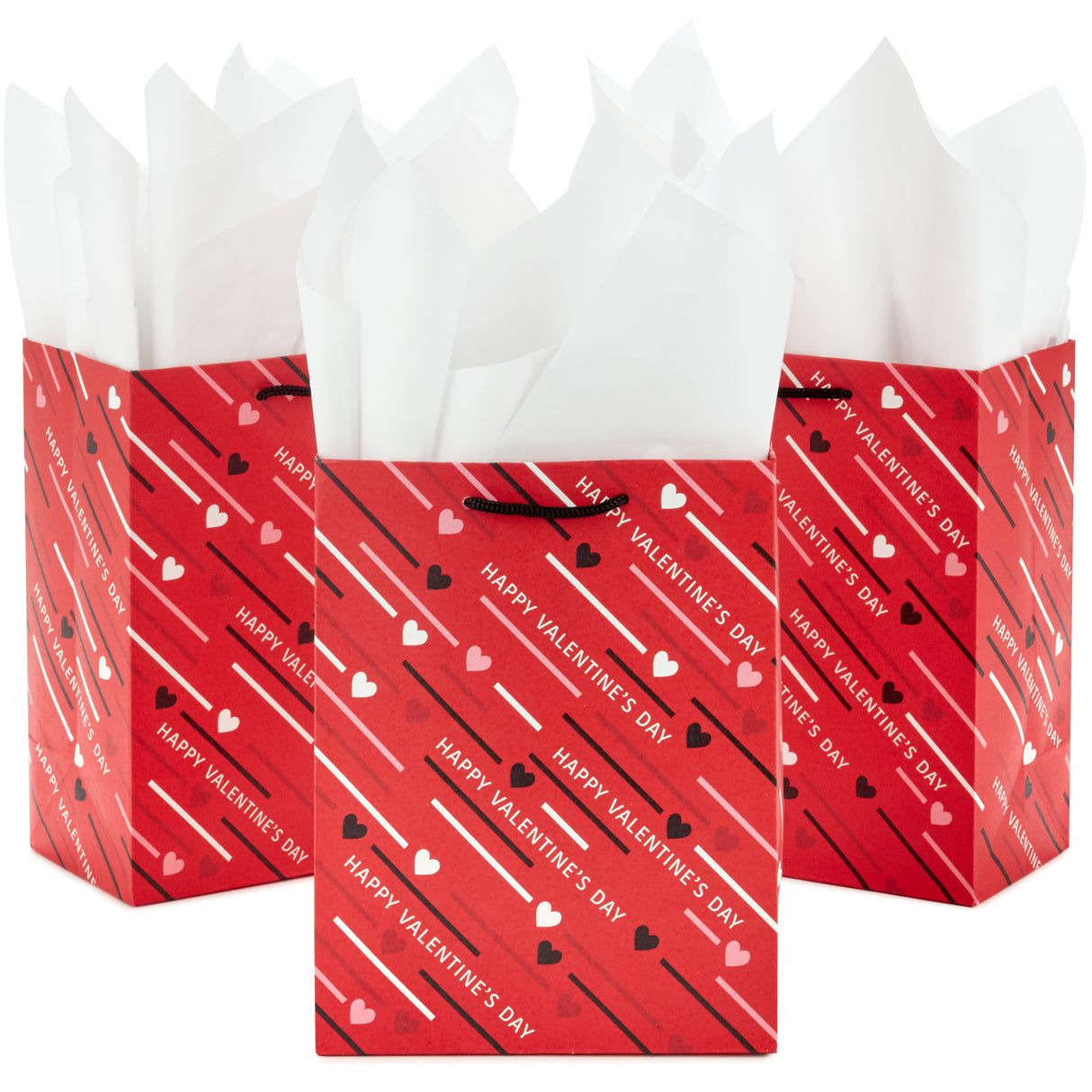 Hallmark 8" Medium Valentine's Day Gift Bags with Tissue Paper (3 Bags: Red with Black, Pink, White Stripes and Hearts)