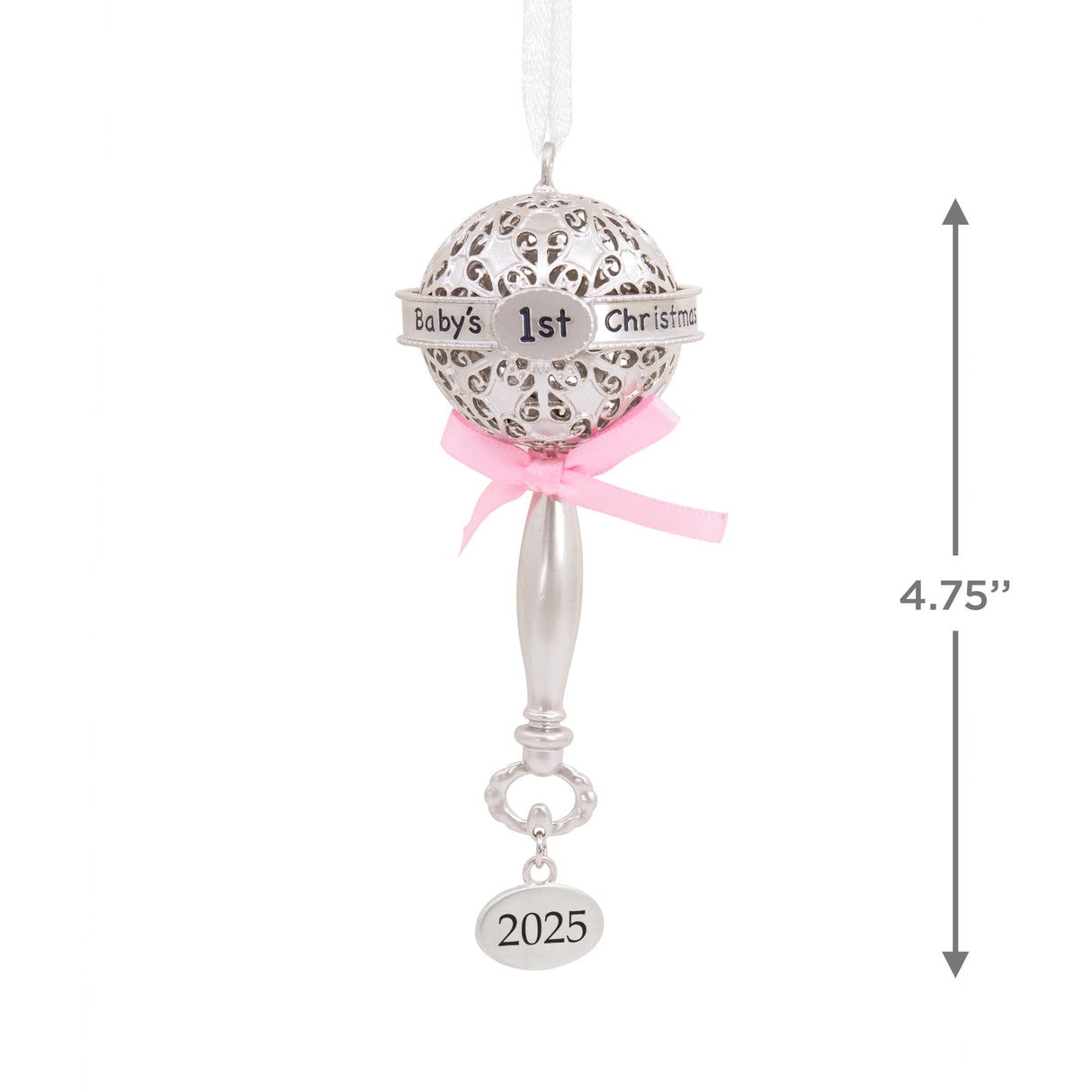 Hallmark Christmas Ornament (Baby's First Christmas Silver Rattle With Pink Ribbon 2025, Metal)