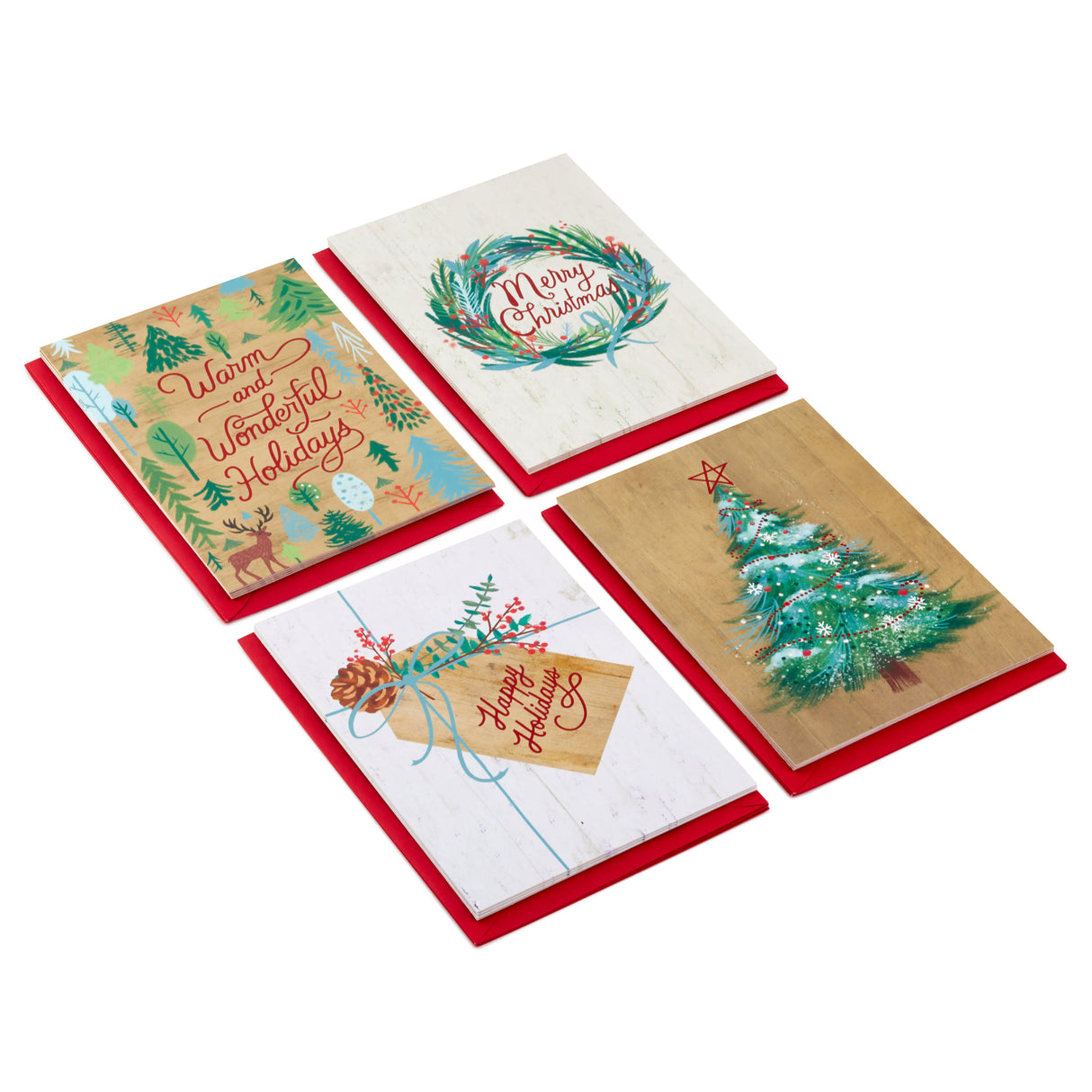 Boxed Christmas Cards Assortment, Rustic Happy Holidays (4 Designs, 16 Cards and Envelopes)