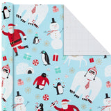 Holiday Wrapping Paper Bundle with Cut Lines on Reverse, Quirky Christmas (Pack of 4, 120 sq. ft. ttl) Yeti, Santa, Penguin, Snowflakes, Blue, Gold