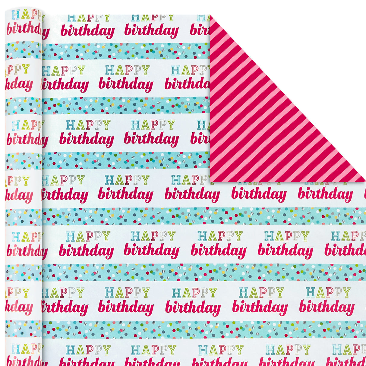 Hallmark All Occasion Reversible Wrapping Paper Bundle - Happy Birthday (3 Rolls - 75 sq. ft. ttl) Cupcakes, Stripes, Flowers, Polka Dots