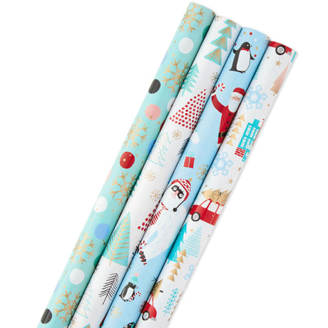 Holiday Wrapping Paper Bundle with Cut Lines on Reverse, Quirky Christmas (Pack of 4, 120 sq. ft. ttl) Yeti, Santa, Penguin, Snowflakes, Blue, Gold