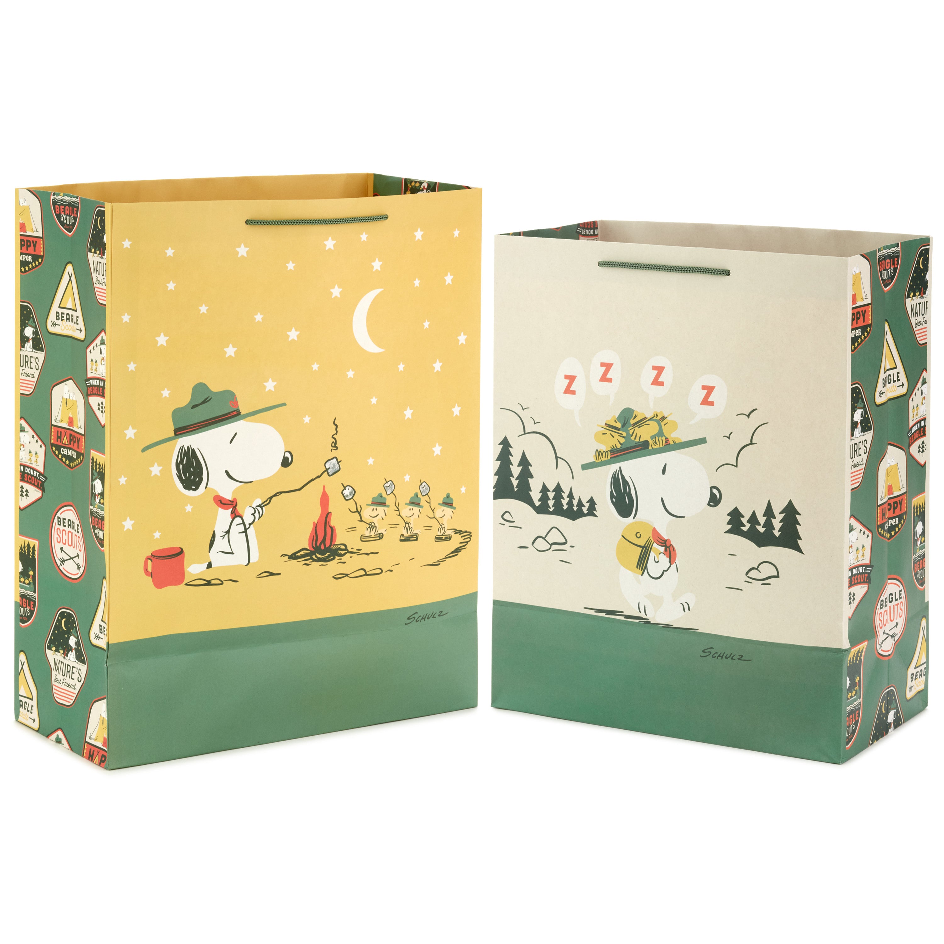 Hallmark Peanuts Gift Bag Bundle (2 Bags: 1 Large 13", 1 XL 15") Snoopy and Woodstock for Father's Day, Birthdays, Summer Camp