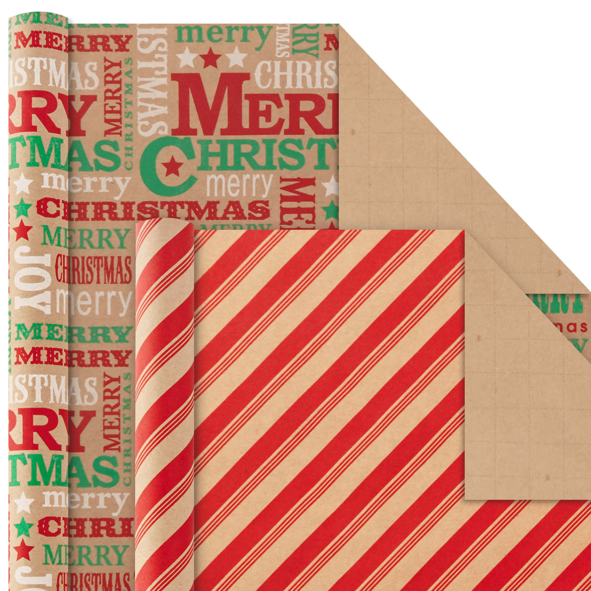 Kraft Christmas Wrapping Paper with Cutlines on Reverse (4 Rolls: 88 sq. ft. ttl) Red Trucks, Snowflakes, Red Stripes, Merry Christmas