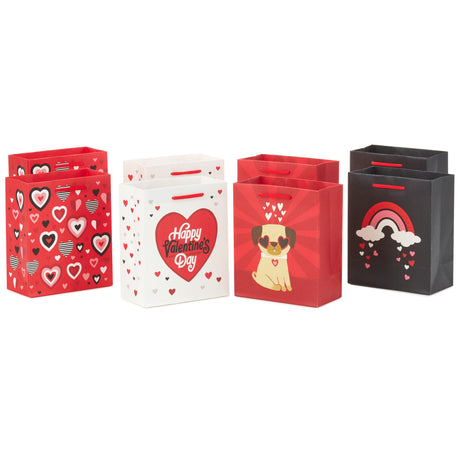 Hallmark 6" Small Valentine's Day Gift Bags (8 Bags, 4 Designs: Hearts, Rainbows, Pug Puppy) for Kids, Classroom Parties, Galentines Day