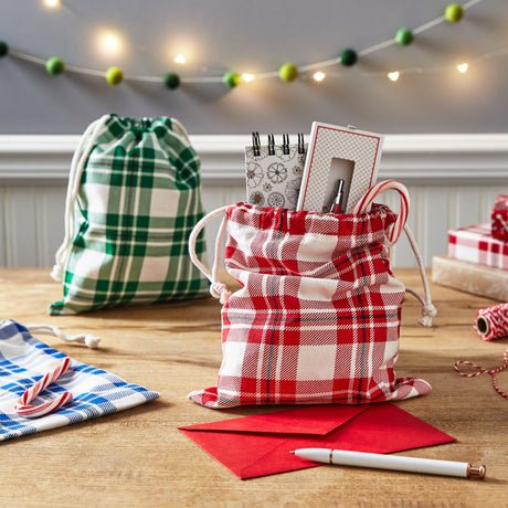 10" Drawstring Fabric Gift Bags (3 Plaid Bags: Red, Blue, Green) for Christmas, Hanukkah, Birthdays, Housewarming Gifts