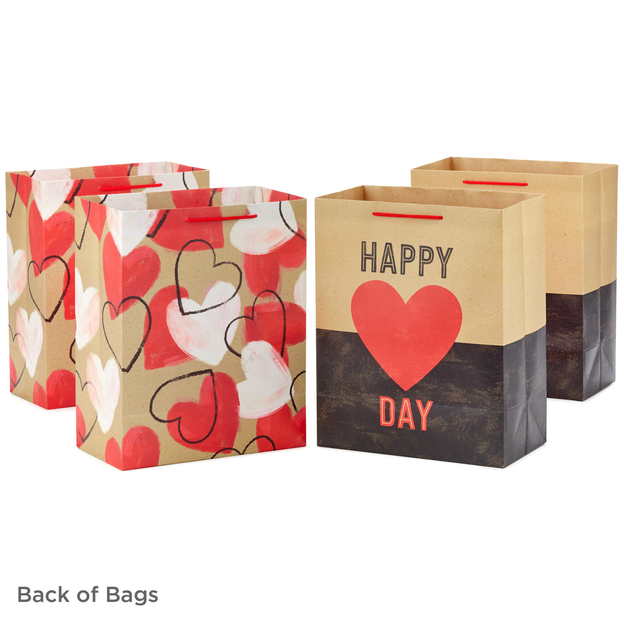 Hallmark 13" Large Kraft Valentine's Day Gift Bags (4 Bags, 2 Designs: Happy Heart Day, Rustic Hearts) for Kids, Adults, Galentine's Day, Weddings