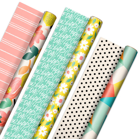 Hallmark Reversible Wrapping Paper (3 Rolls: 75 Sq. Ft. Ttl) Floral, Lemons, Bright Abstract for Birthdays, Easter, Mother's Day, Bridal Showers, Baby Showers