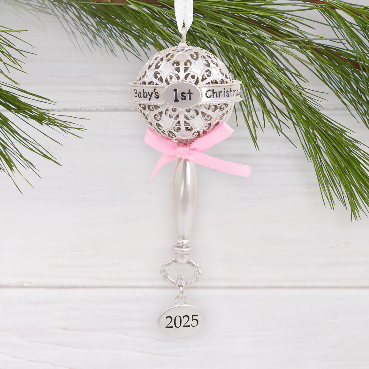 Hallmark Christmas Ornament (Baby's First Christmas Silver Rattle With Pink Ribbon 2025, Metal)