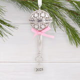 Hallmark Christmas Ornament (Baby's First Christmas Silver Rattle With Pink Ribbon 2025, Metal)