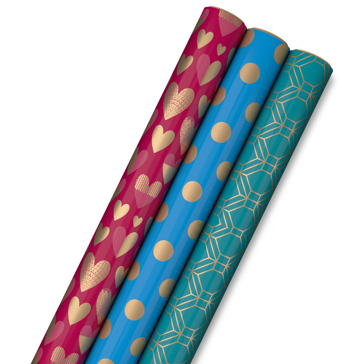 Hallmark All Occasion Wrapping Paper Bundle with Cut Lines on Reverse - Blue, Emerald, Magenta & Gold (3-Pack: 105 sq. ft. ttl.) for Birthdays, Weddings, Valentine's Day, Graduations & Bridal Showers