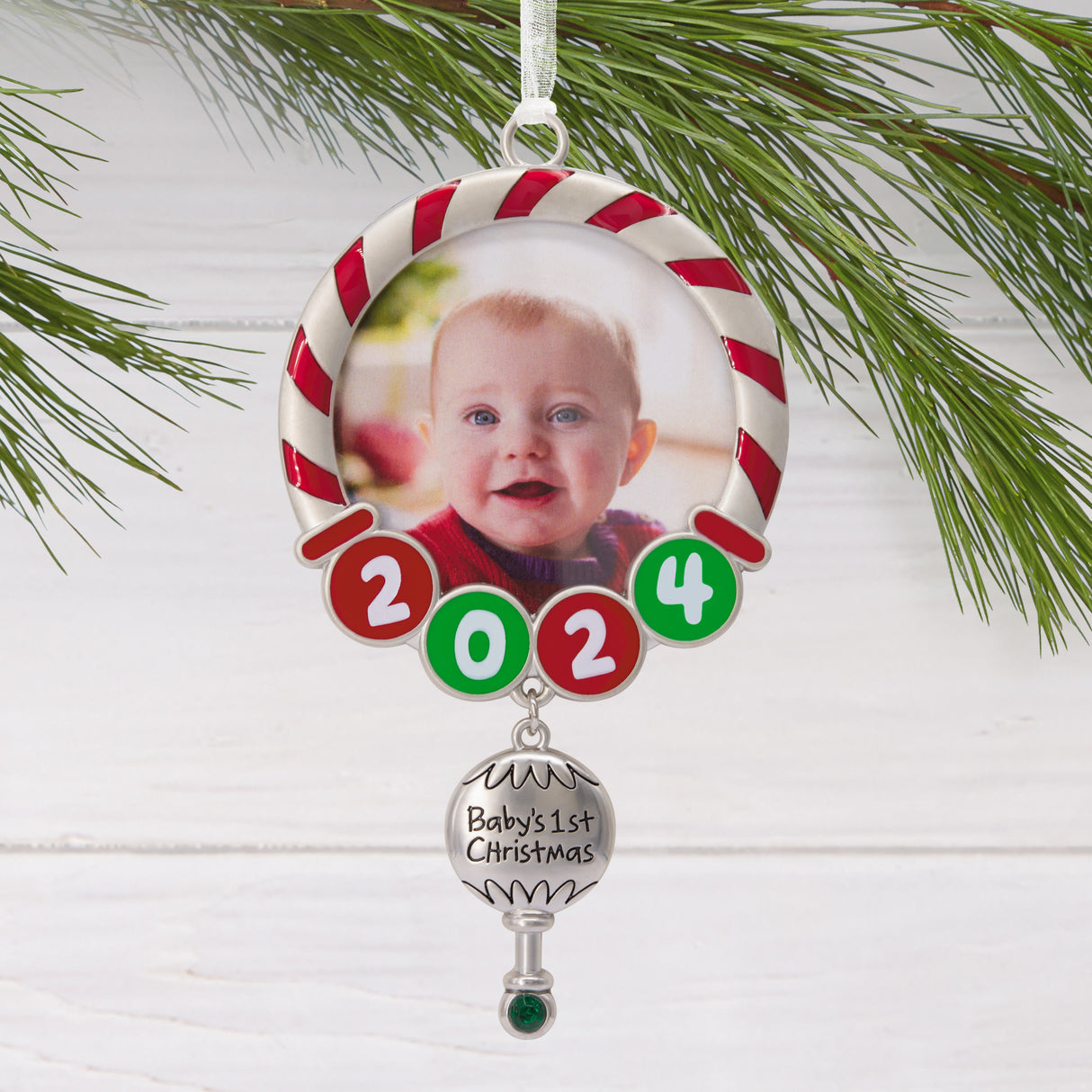 Baby's First Christmas Red and Green 2024 Photo Frame Christmas Ornament, Metal