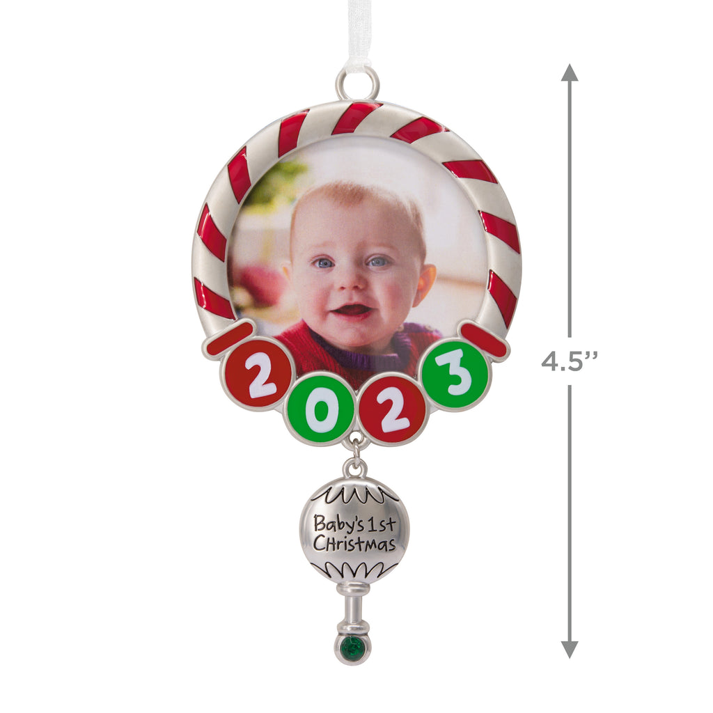 Hallmark Baby's First Christmas Red and Green 2023 Photo Frame Christmas Ornament, Premium Metal