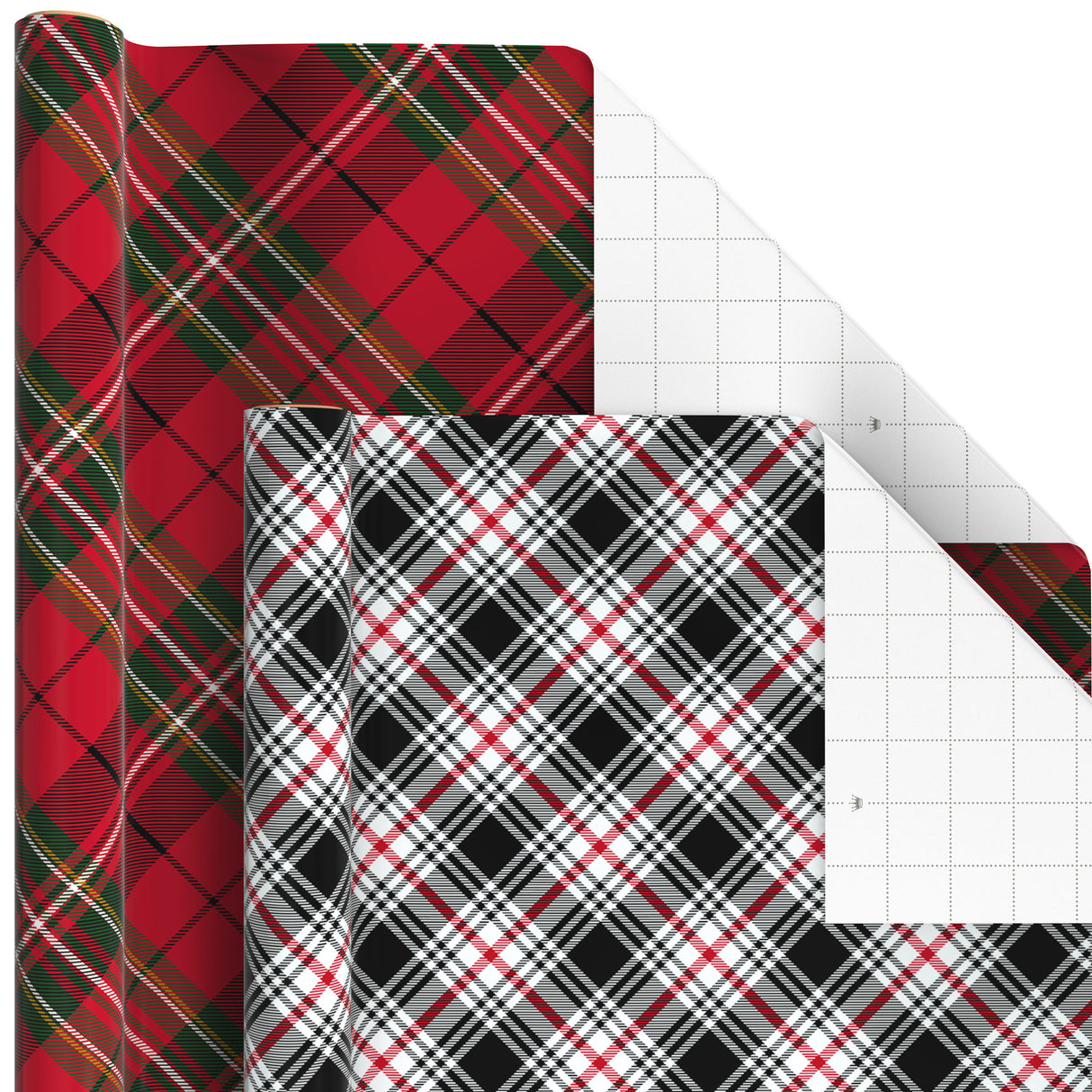 Plaid Wrapping Paper with Cutlines on Reverse (6 Rolls: Black and Red Buffalo Plaid, Royal Stewart Tartan, Blue, Green) for Christmas, Hanukkah, Father's Day, Graduation, Birthday