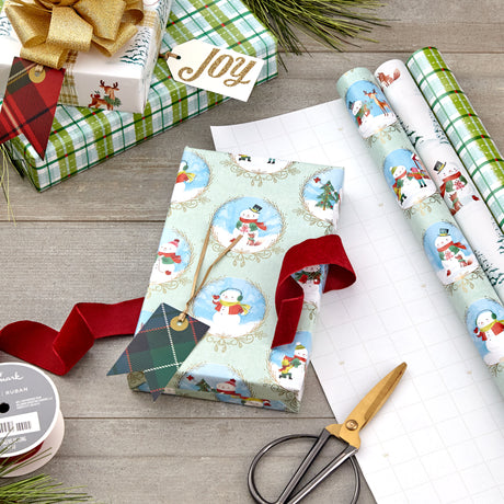 Christmas Wrapping Paper with Cut Lines on Reverse (3 Rolls: 120 sq. ft. ttl) Storybook Critters, Snowmen, Green and Blue Plaid