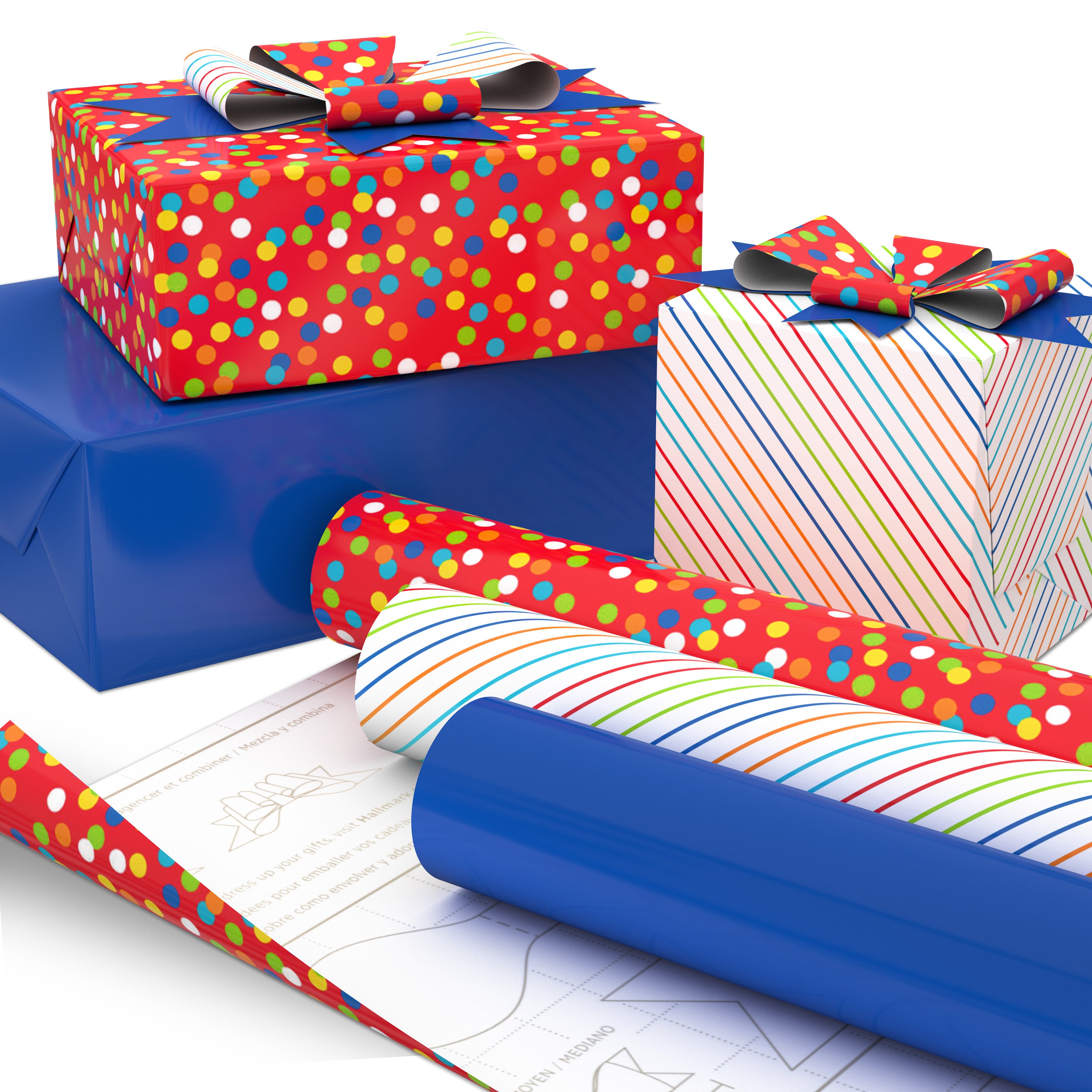 Hallmark Birthday Wrapping Paper with Templates for Handmade Bows on Reverse (3-Pack: 75 sq. ft. ttl) Royal Blue, Rainbow Stripes, Colorful Confetti