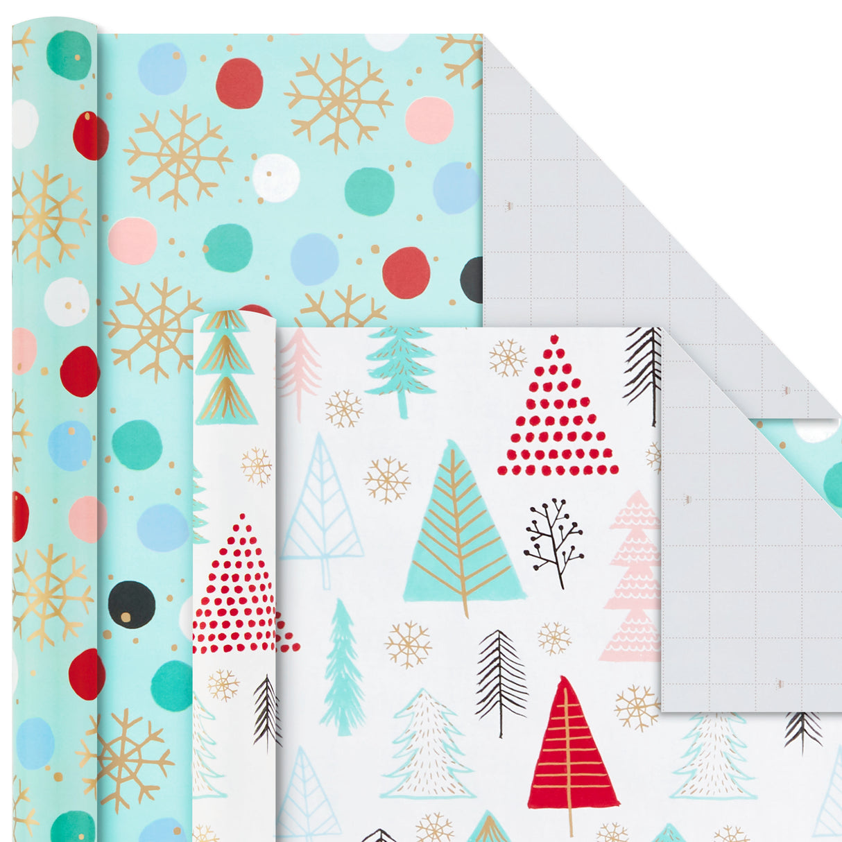 Holiday Wrapping Paper Bundle with Cut Lines on Reverse, Quirky Christmas (Pack of 4, 120 sq. ft. ttl) Yeti, Santa, Penguin, Snowflakes, Blue, Gold