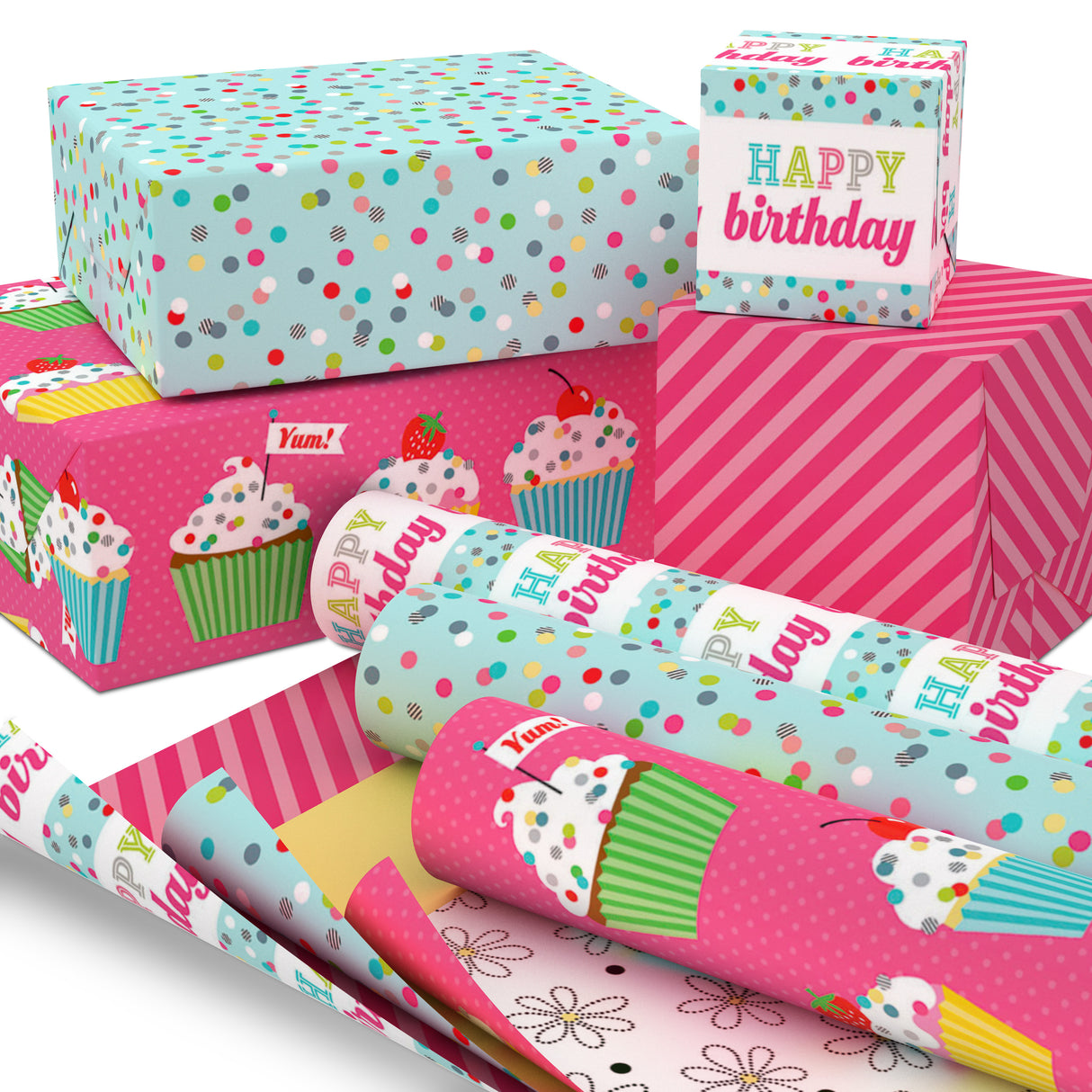 Hallmark All Occasion Reversible Wrapping Paper Bundle - Happy Birthday (3 Rolls - 75 sq. ft. ttl) Cupcakes, Stripes, Flowers, Polka Dots