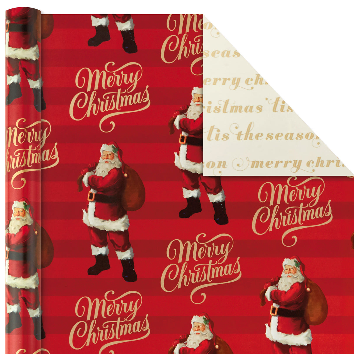 Christmas Reversible Wrapping Paper, Classic Santa (Pack of 3, 120 sq. ft. ttl) Red and Gold Snowflakes, Stripes, Plaid, Santa's Sleigh