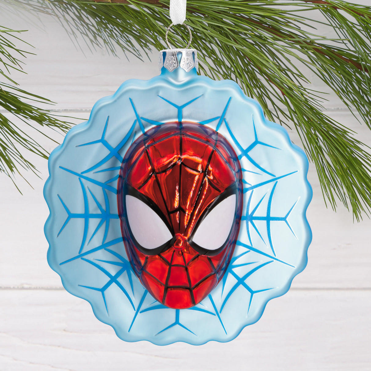 Marvel Spider-Man Face on Web Christmas Ornament, Blown Glass