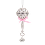 Hallmark Christmas Ornament (Baby's First Christmas Silver Rattle With Pink Ribbon 2025, Metal)