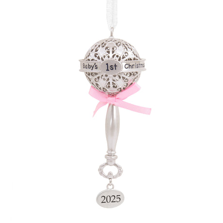 Hallmark Christmas Ornament (Baby's First Christmas Silver Rattle With Pink Ribbon 2025, Metal)