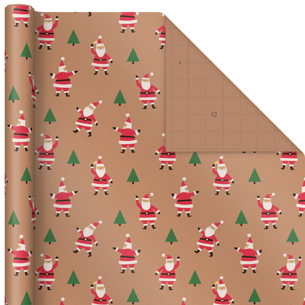 Hallmark Sustainable Christmas Wrapping Paper with Cut Lines on Reverse (3 Rolls: 90 sq. ft. ttl) Kraft with Santas, Trees, Stripes